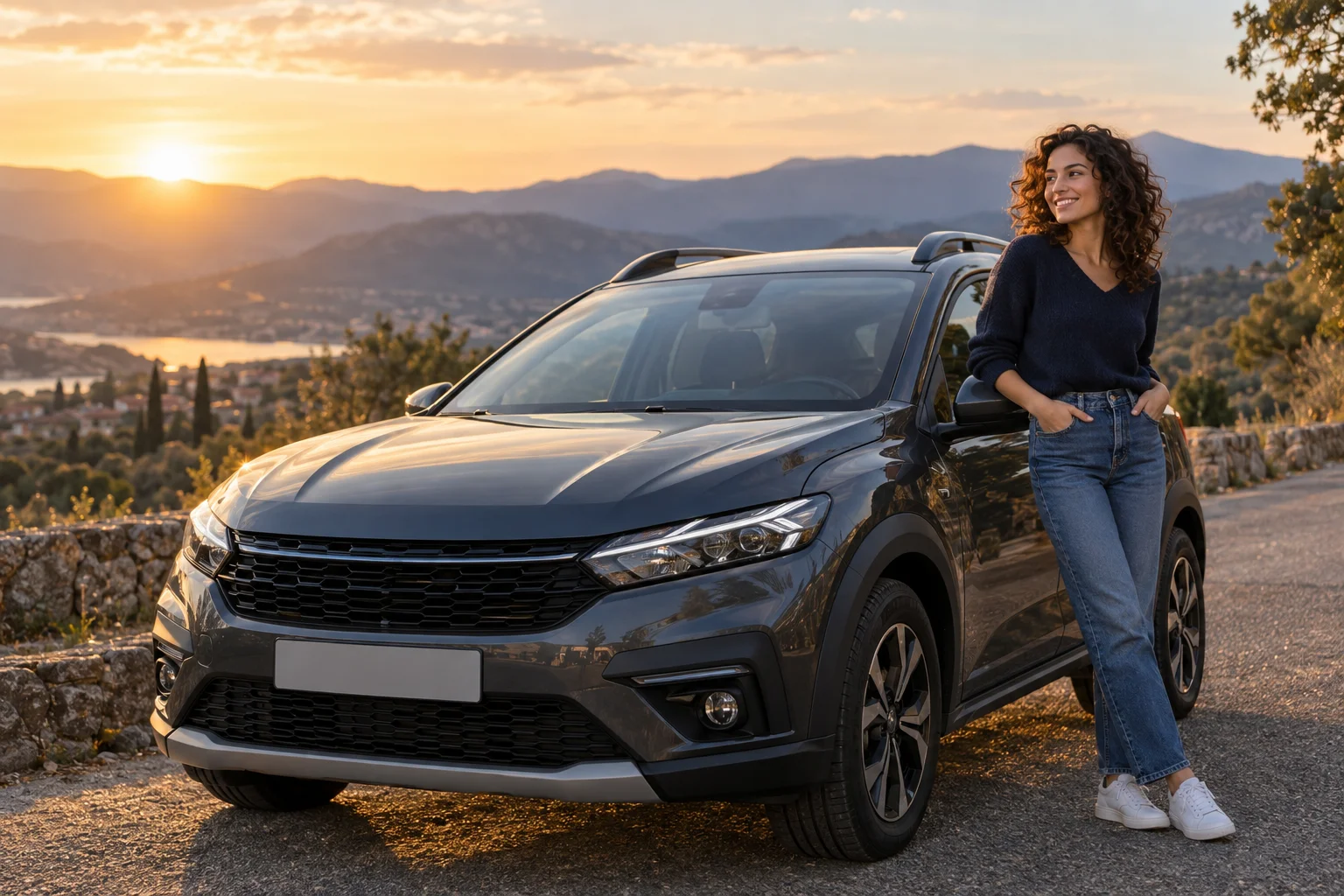 Une conductrice près de sa voiture sur une route de campagne